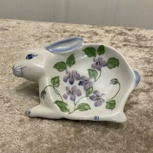 Vintage White Rabbit with Violets Trinket Dish or Tea Bag Holder